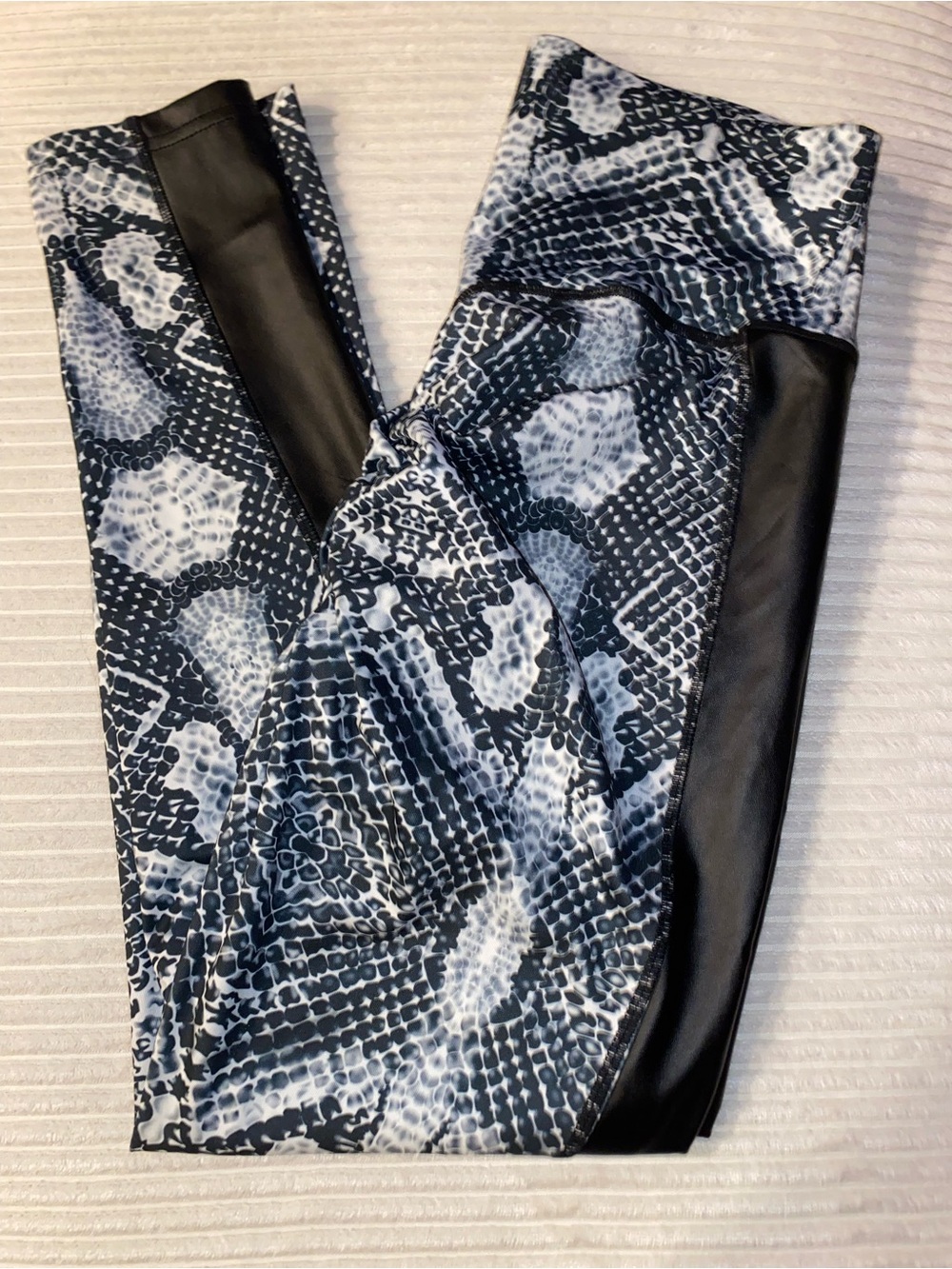 High-Rise Snake Print Leggings with Faux Leather Panels - Black/Gray